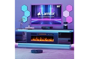 Lamtor Fireplace TV-Stand with 40" Fireplace - 2 LED Light TV-Stand for 85 inch TVs - Entertainment Center with 4 AC Power Outlets - 2 Tier TV Consoles Stand for Living Room, Black