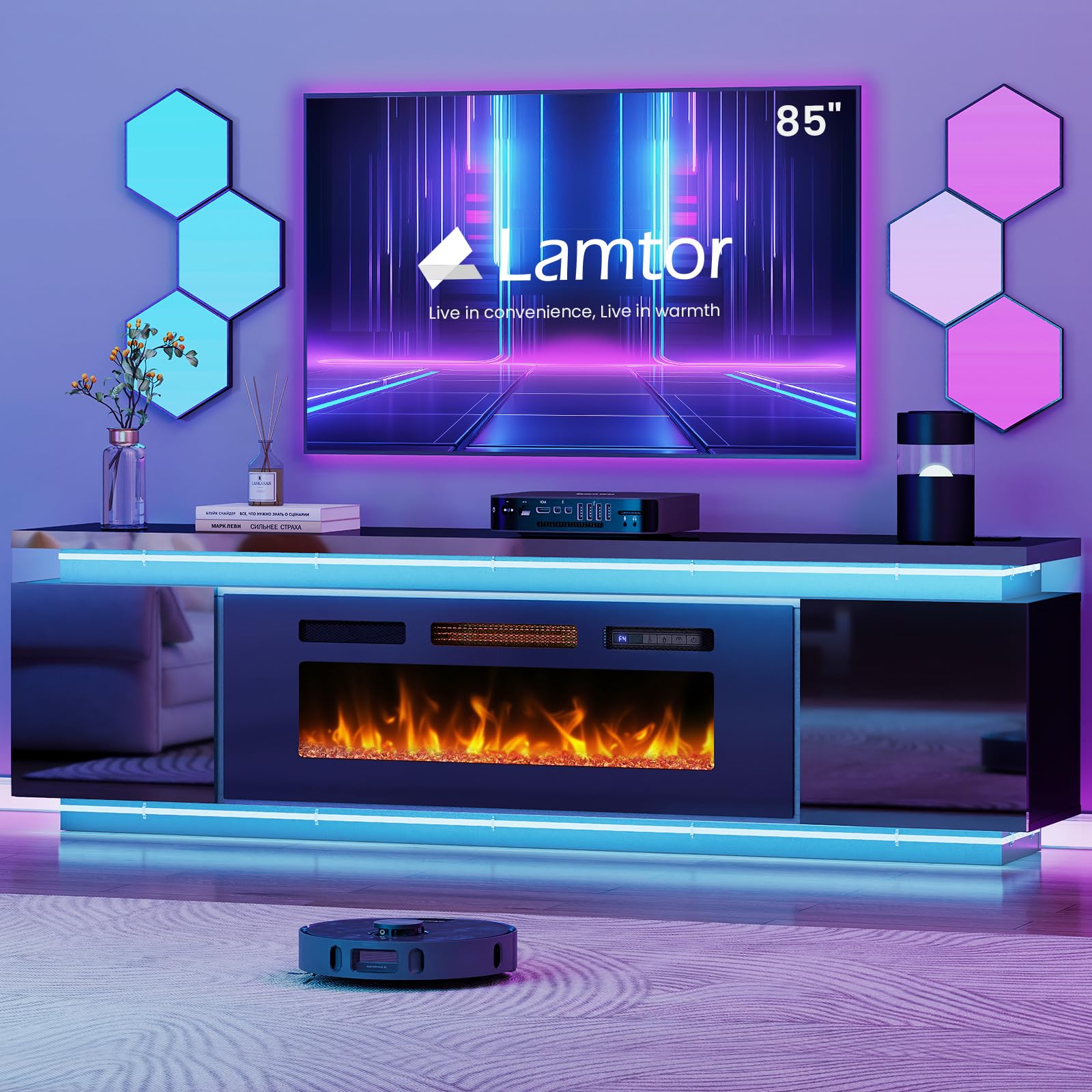 Photo 1 of ***01 box missing***Fireplace TV-Stand with 40" Fireplace - 2 LED Light TV-Stand for 85 inch TVs, Entertainment Center with 4 AC Power Outlets, Storage 2 Tier TV Consoles Stand for Living Room, Easy Assembly, Black