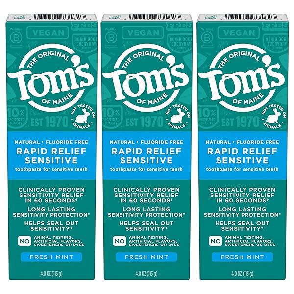 TOM’S OF MAINE FLUORIDE-FREE RAPID RELIEF SENSITIVE TOOTHPASTE, FRESH MINT, 4 OZ. 3-PACK (PACKAGING MAY VARY)