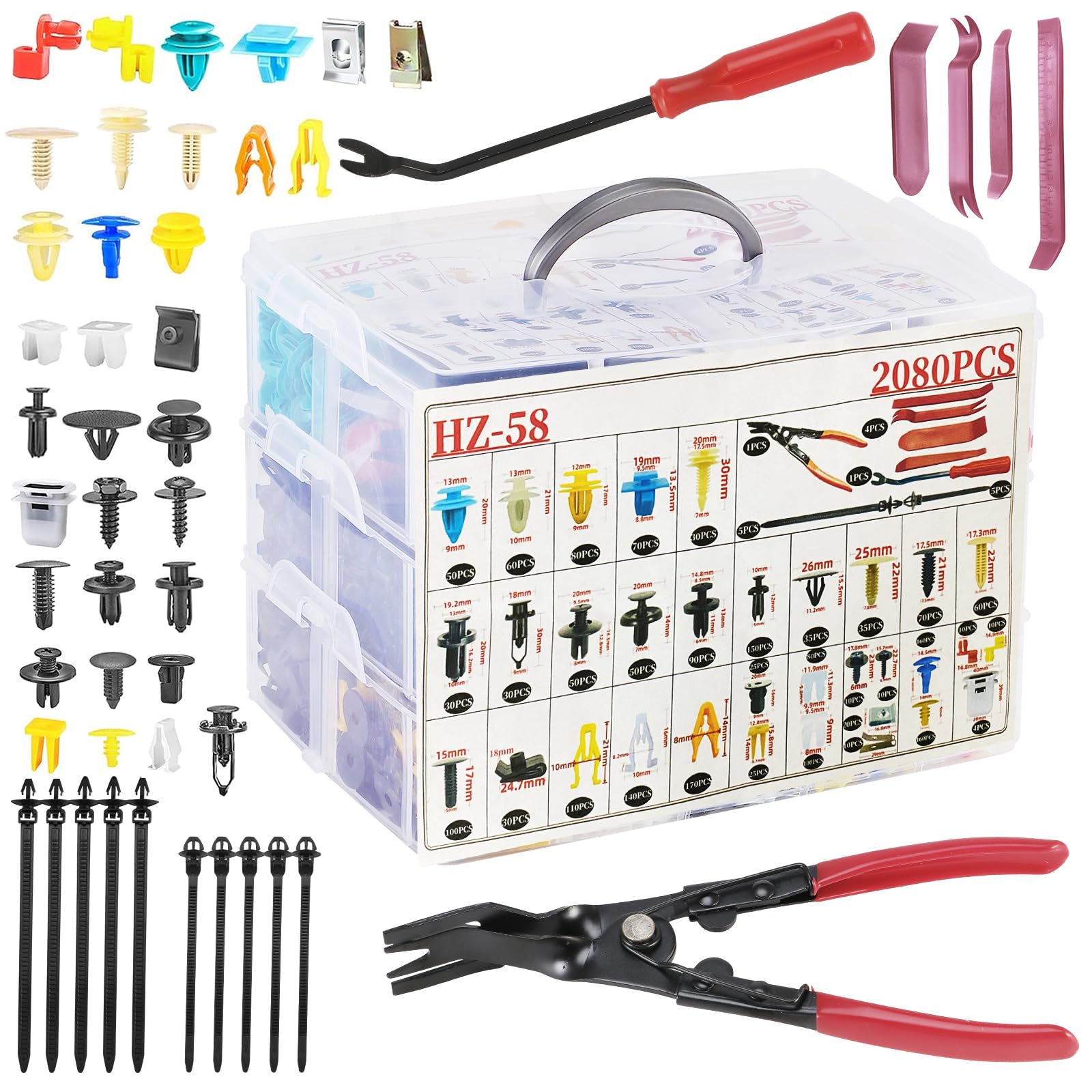 Photo 1 of 2080Pcs Car Retainer Clips & Fasteners Kit – 33 Universal Sizes Nylon Bumper, Fender Rivets, Door Panel Clips, and Plastic Rivets with 10 Cable Ties and Removal Tool for Toyota, Ford, Benz (2080pcs)