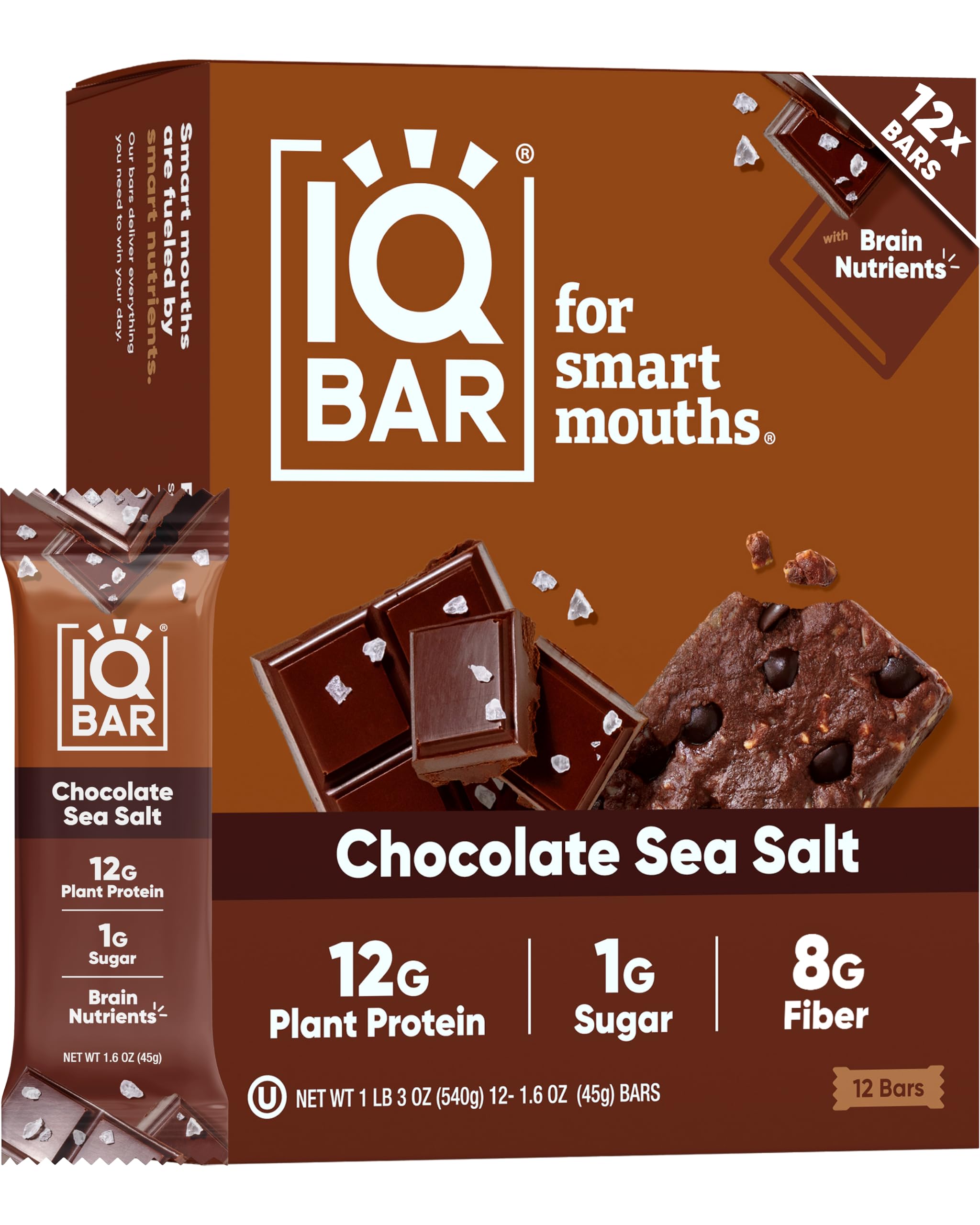 IQ BAR, Vegan Gluten Free Keto Bars - Low Carb Protein Bars, Healthy Keto Snack in Chocolate Sea Salt Flavour - Tasty Paleo Snack, Pack of 12 (1.6 oz Bar)