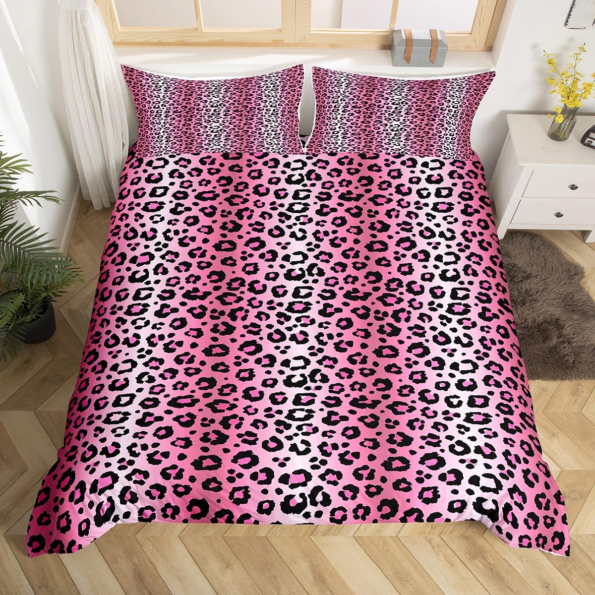 Homemissing Hot Pink Leopard Bedding Set Super King, Cheetah Fur Print Duvet Cover Teens Leopard Stripes Comforter Cover Toddler Wildlife Bedspread Cover Microfiber Bed Set With 2 Pillow Case