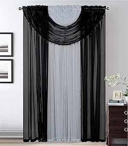Kids Zone Home Linen 4 Panels with Attached Valances All-in-One Black White Sheer Rod Pocket Curtain Panel 84 Inches Long with Crystal Beads - Window Curtains for Bedroom, Living Room or Dinning Room