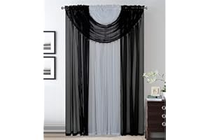 Kids Zone Home Linen 4 Panels with Attached Valances All-in-One Black White Sheer Rod Pocket Curtain Panel 84 Inches Long with Crystal Beads - Window Curtains for Bedroom, Living Room or Dinning Room