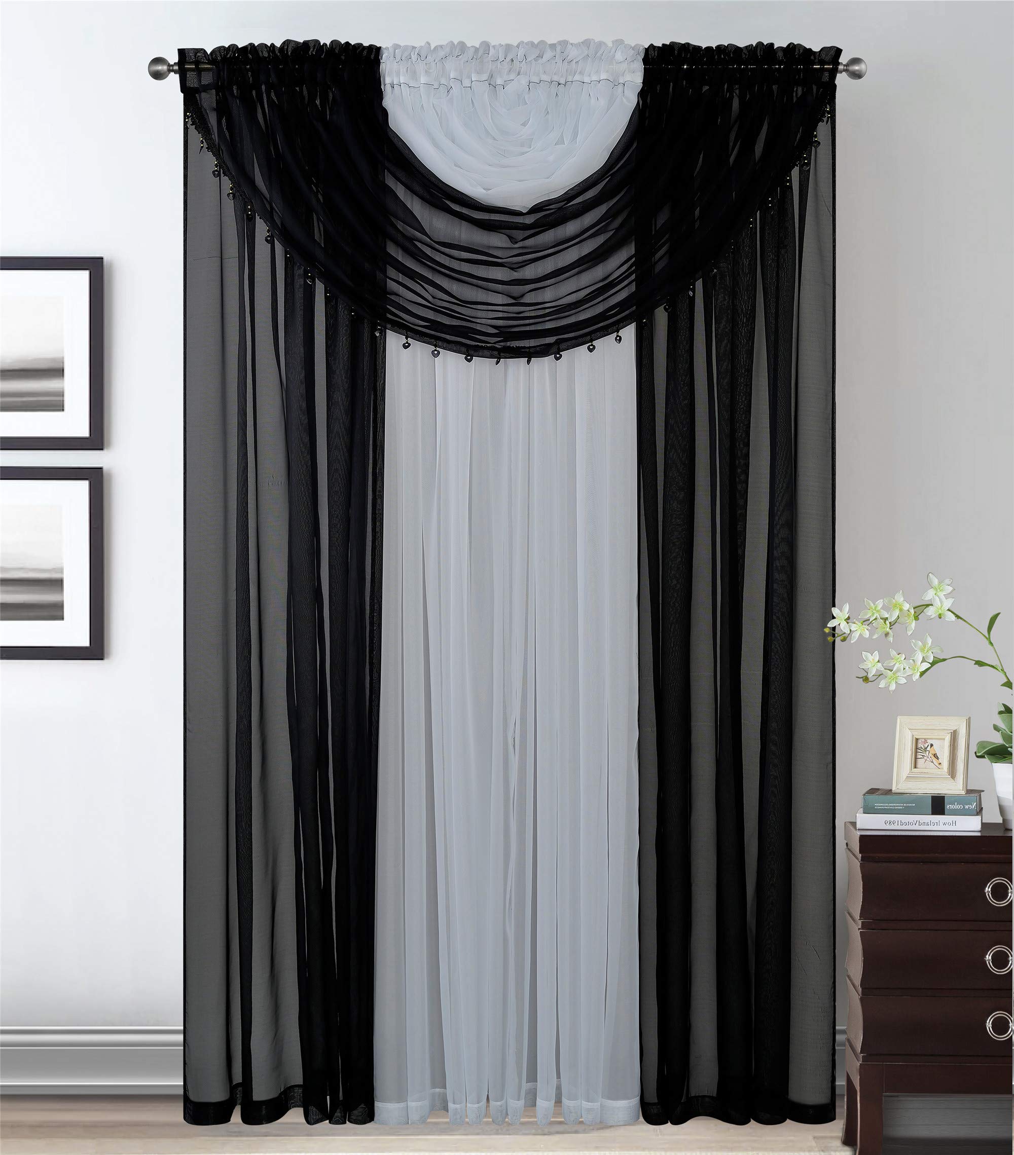 Kids Zone Home Linen 4 Panels with Attached Valances All-in-One Black White Sheer Rod Pocket Curtain Panel 84 Inches Long with Crystal Beads - Window Curtains for Bedroom, Living Room or Dinning Room