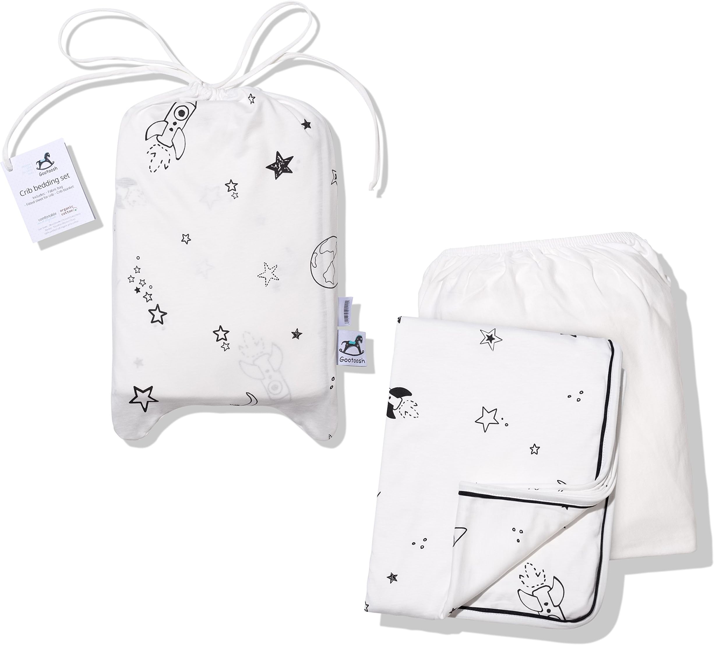 Gootoosh Crib Bedding Set 3-Piece – Fitted Sheet, Baby Blanket and Fabric Bag – 100% Jersey Organic Cotton –Toddler Nursery Bedding Set for Boys and Girls –9" Deep (Galaxy White)