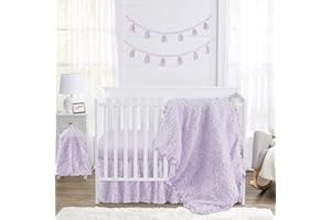Sweet Jojo Designs 4-Piece Baby Crib Bedding Set (Purple Lavendar Floral Rose) for Girls, Infants/Nursery incl. Blanket, Fitted Sheet, Skirt, Diaper Stacker (Elegant, Princess, Luxury, Ruffle Roses)