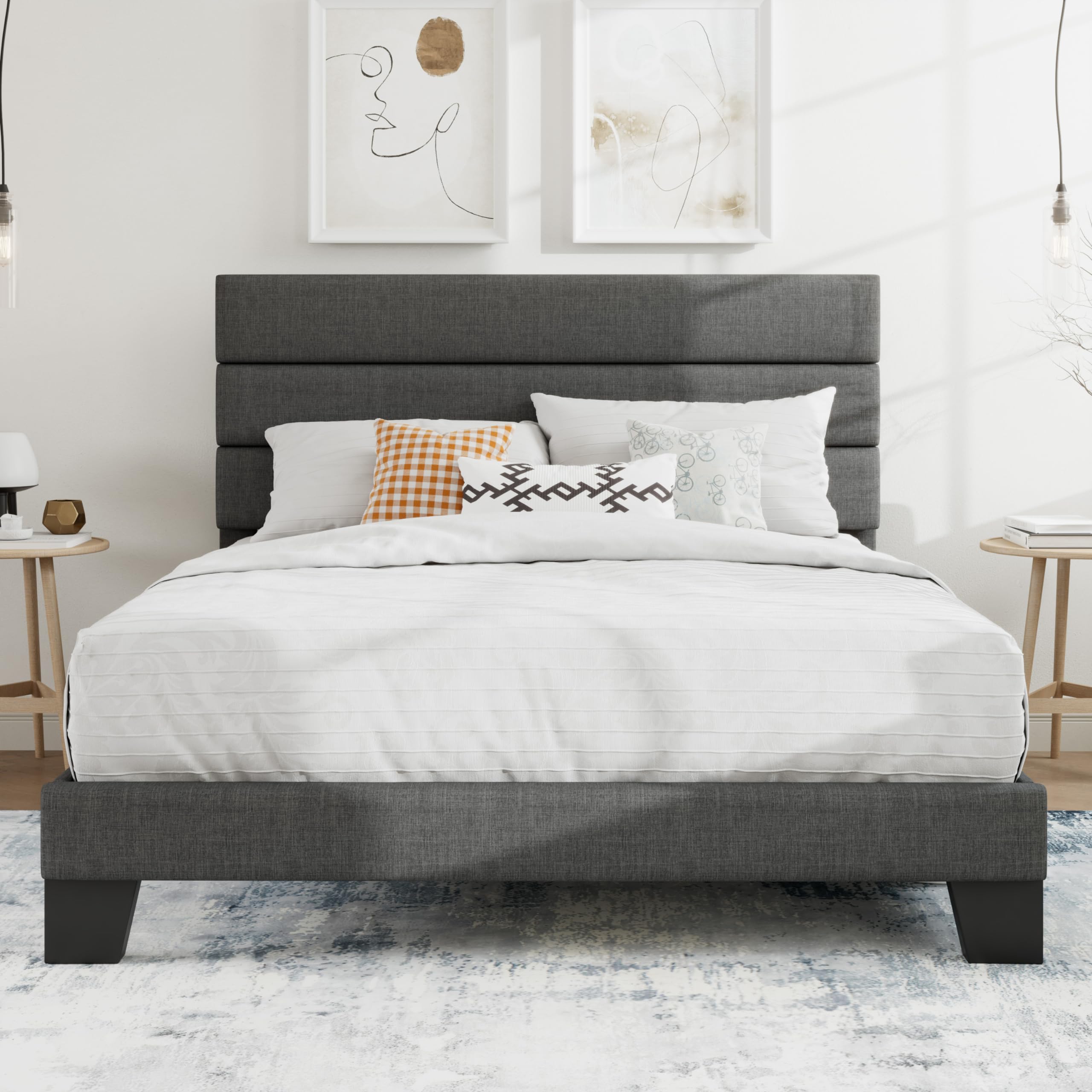 SHA CERLIN Queen Platform Bed Frame with Upholstered Fabric Headboard, Mattress Foundation with Strong Wooden Slats Support, No Box Spring Needed, Grey Image