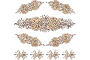 BINBE 9 Pack Rhinestone Crystal Wedding Applique Iron on Patch DIY Sewing Appliques for Bridal Dress Clothes Shoes Decoration Handmade Wedding Accessories (Gold)