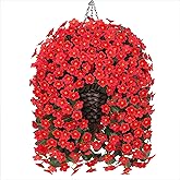 HyeFlora Artificial Fake Red Hanging Flowers Plants Basket for Outdoor Outside Winter Christmas Decor, Faux Silk Daisy Flower Look Real UV Resistant Orchid Vine Plant for Porch Garden Yard Patio Home