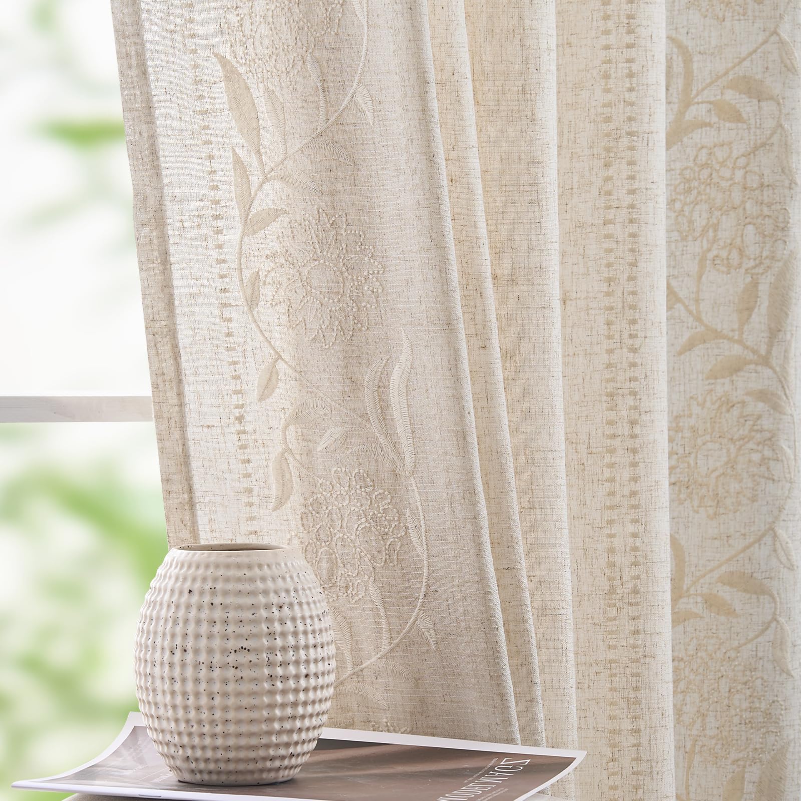 Photo 1 of jinchan Winslow Linen Curtains 96 Inches Long for Bedroom Linen Blended Embroidered Floral Curtains for Living Room Farmhouse Decor Light Filtering Window Treatments Ivory on Beige Drapes 2 Panels