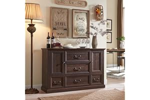 SinCiDo Farmhouse Coffee Bar Cabinet, 47" Buffet Cabinet w/5 Drawers, Rustic Wood Sideboard Cabinet w/Groove Barn Door, Storage Cabinet for Dinning Room, Kitchen, Bedroom, and Closet Room, Brown