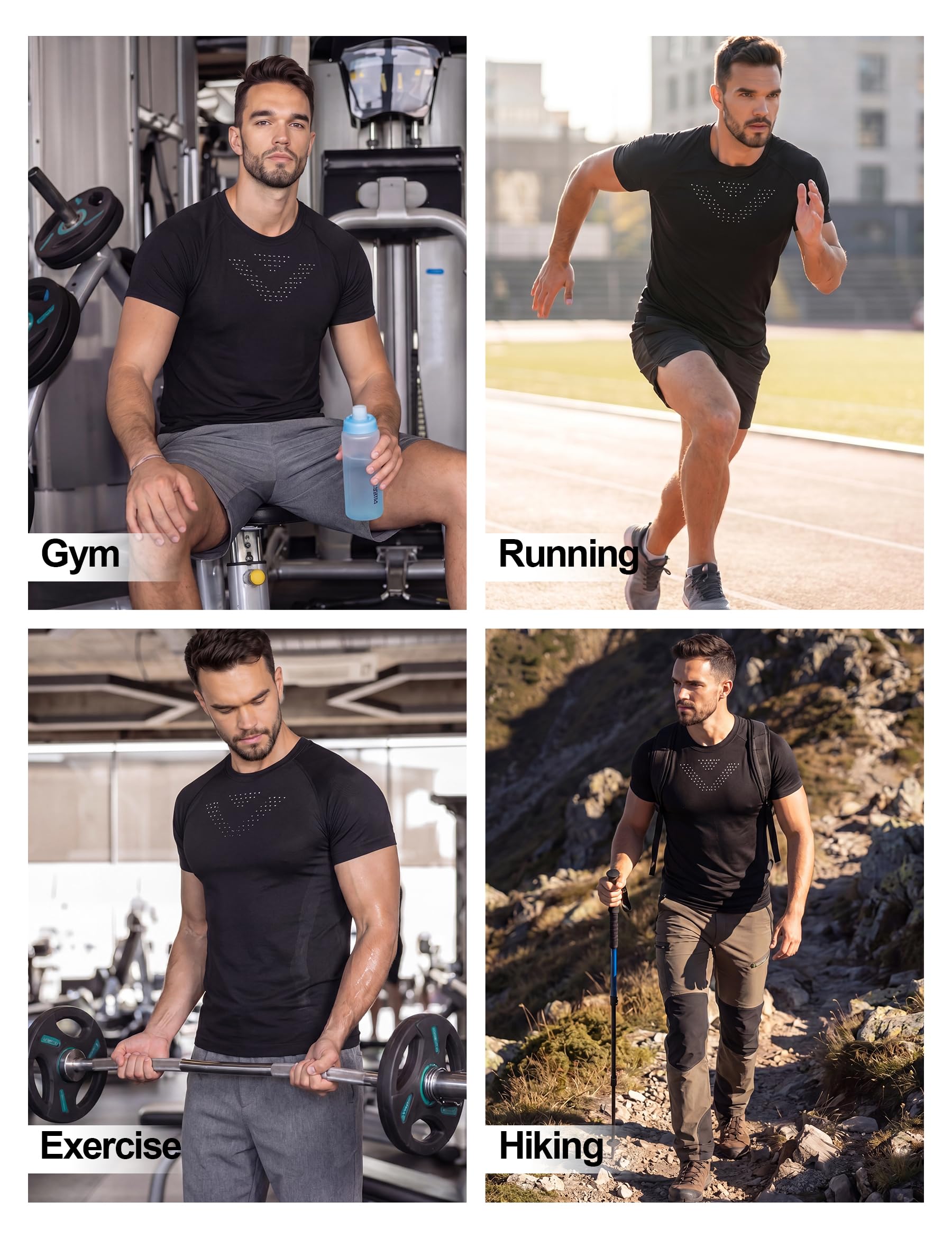 INBIKE Kompressionsshirt Herren Kurzarm Anti-Geruch Funktionsshirt für Fitness & Outdoor Atmungsaktiv Schnelltrocknendes Sportshirt Schwarz L-XL 2pcs 2