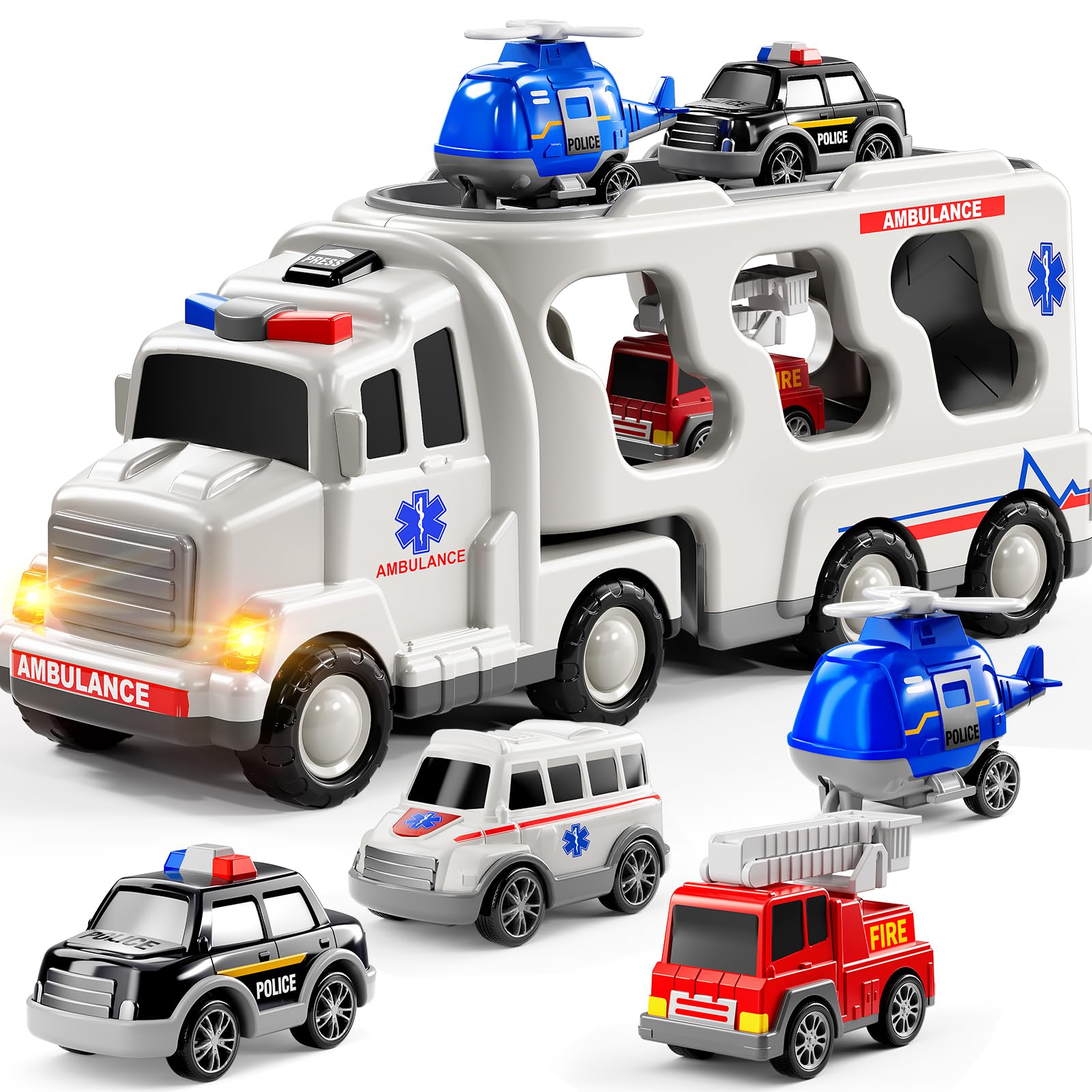 BLmukce Ambulance Truck Boys Toys for 3 4 5 Year Old Toddlers, Transport Vehicle Carrier, Toy Sets Kids 3-6, Gift for Boys & Girls Ages 4-6 5-7 (Ambulance 5 in 1)