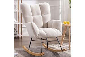FOXHUNTER Rocking Chair Nursery Teddy Upholstered Glider Rocker High Backrest Nursery Rocker Comfortable Stylish Accent Armchair for Living Rooms Bedrooms Offices (Teddy Ivory)