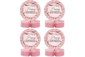 PIXIPY Happy Birthday Table Decorations Centerpieces - 4-Pack Double Sided Happy Birthday Centerpieces for Tables - 12” Pink & Rose Gold Birthday Party Decorations Centerpieces
