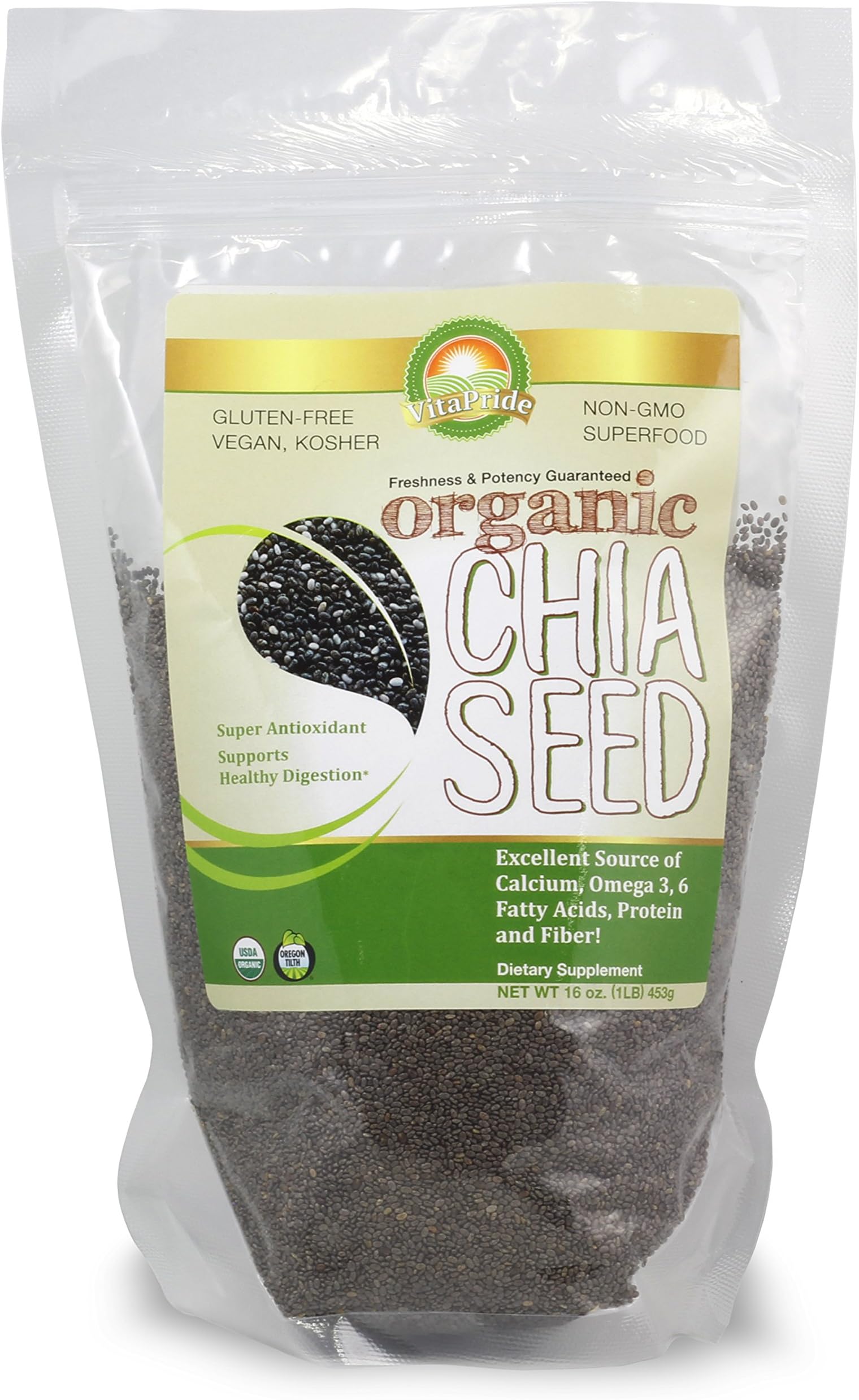New Organic Chia Seeds (16oz) Raw Black Chia Seeds For Amino Acids - Omega 3, 6, 9 & Dietary Fiber - 1 Pound Bag - USDA Organic, Gluten Free, Vegan, & Kosher Chia