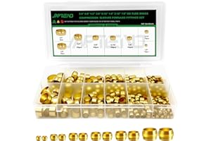 Japtend 325pcs Brass Compression Sleeves Ferrules Fittings Assortment Kit, 3/4" 5/8" 1/2" 3/8" 5/16" 1/4" 3/16" 1/8" 8 Sizes Air Hose Ferrules Kit of Air Water Fuel Oil Gas Tube Lines