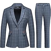 Lamgool Women's 2 Piece Plaid Suit Lady's Business One Button Lined Blazer Jacket Pant Set