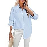 LEMAFER Women's Smocked Cuffed Stripe Boyfriend Button Down Shirts 2025 Collared Ruffle Sleeve Casual Top with Pockets