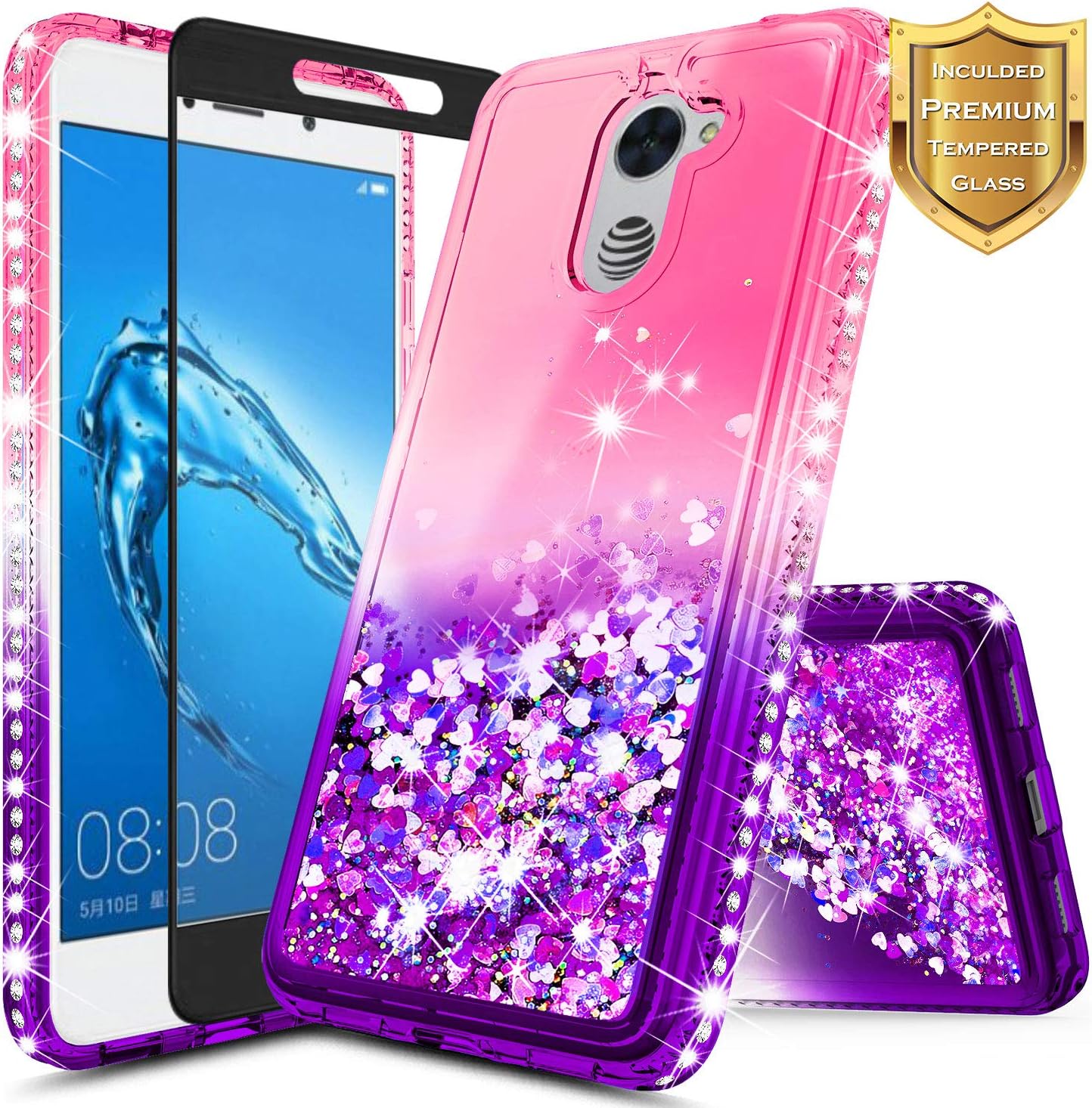 NageBee Compatible Huawei Ascend XT 2 (H1711) / Elate 4G LTE Case w/[Full Coverage Tempered Glass Screen Protector], Glitter Liquid Quicksand Flowing Sparkle Shiny Cute Case -Pink/Purple