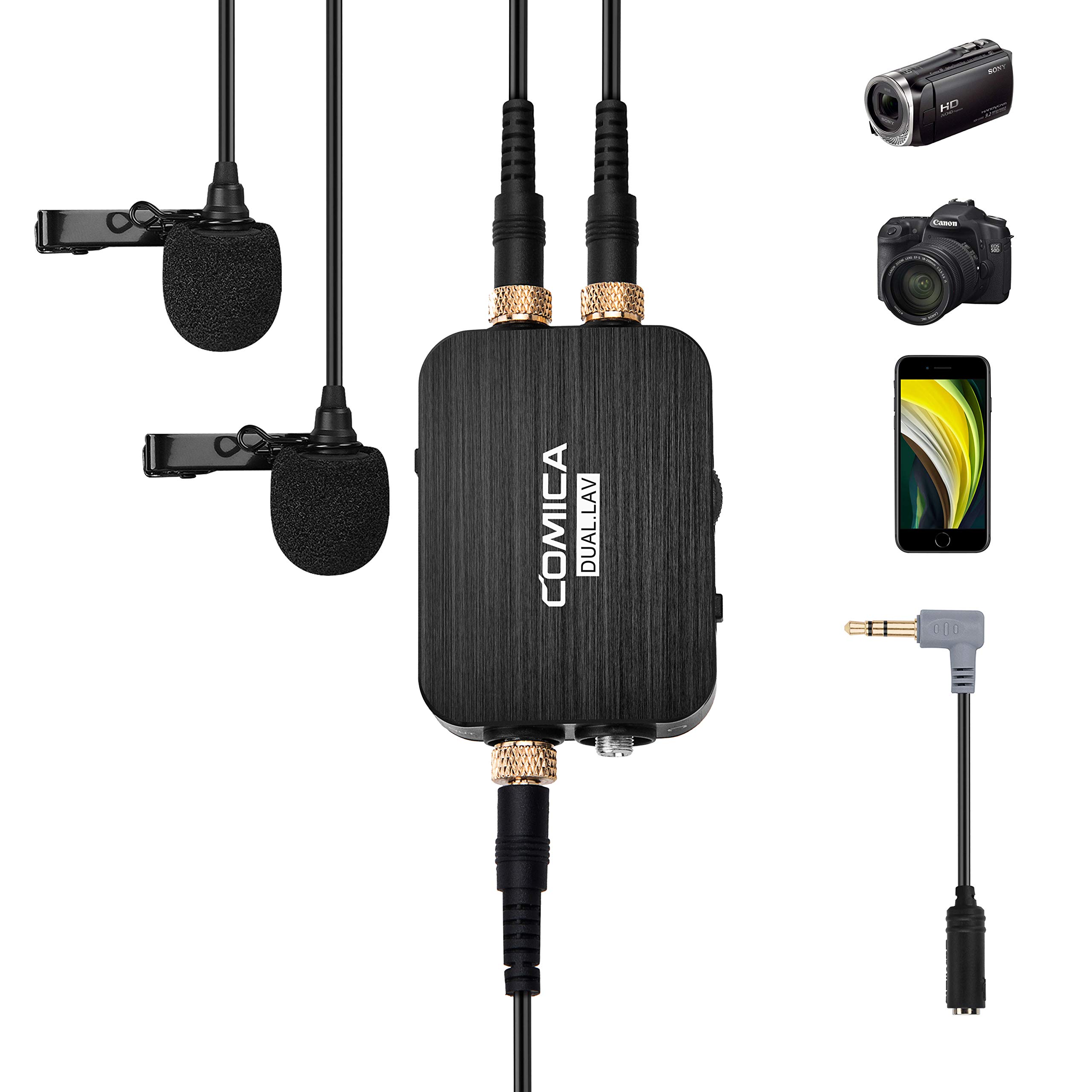 Comica CVM-D03 Dual Lavalier Lapel Microphone with Mono/Stereo Sound, Volume adjustment, Real-time monitoring, Portable Clip-on mic for Cameras Camcorders& Smartphones and more (3.5mm jack)