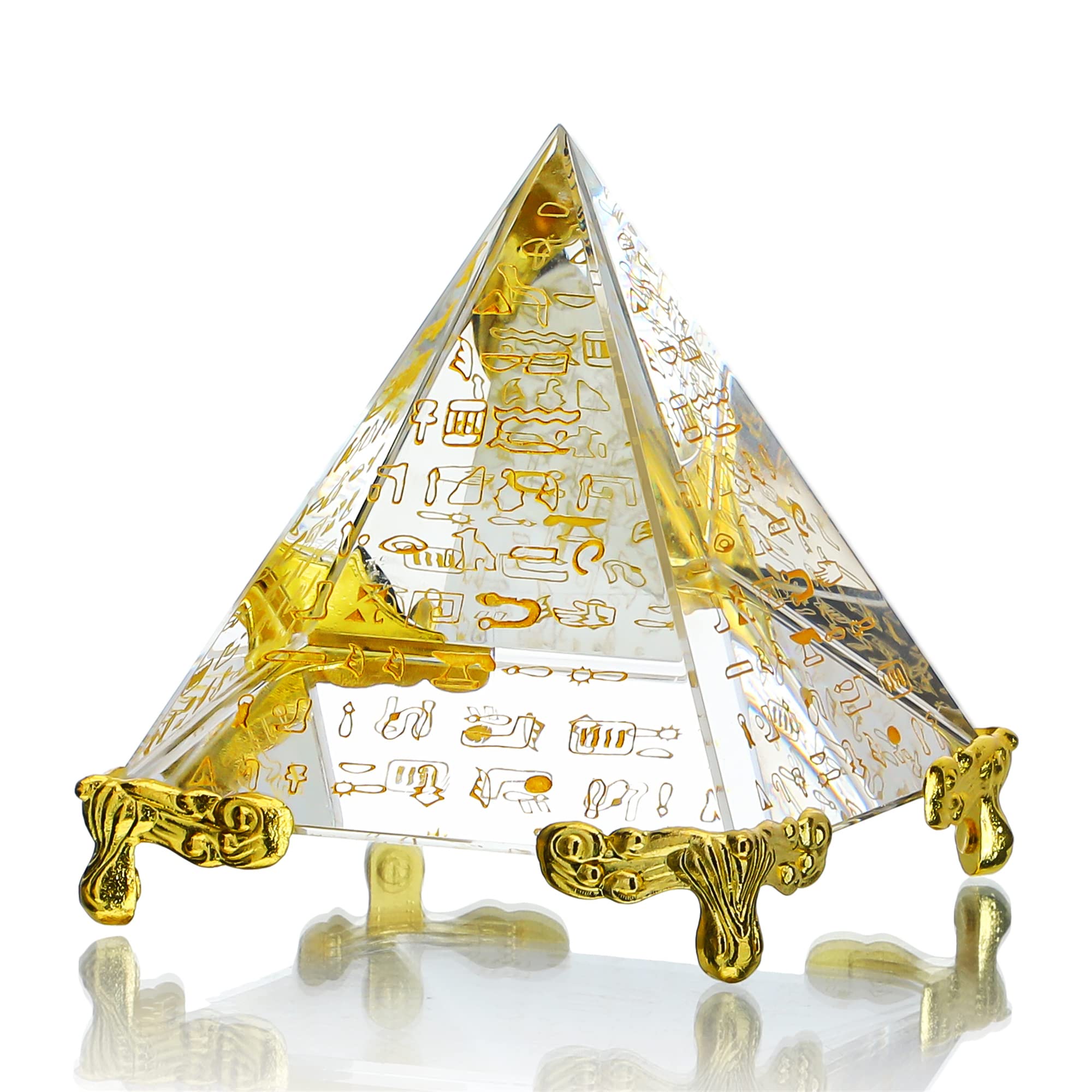 H&D HYALINE & DORA 60MM Crystal Pyramid Prism Paperweight Positive Energy Ornament Glass Egyptian Pyramid with Egyptian Gold Character for Home Decoration/Gift/Collection