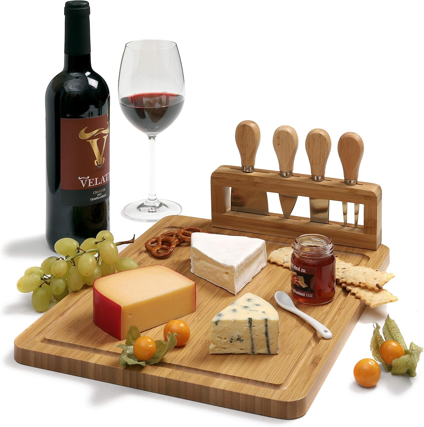 HeRo24 Käsebrett Schneidebrett aus Bambus mit Käsemesser-Set