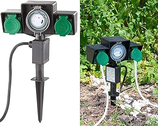 Royal Gardineer Gartensteckdosen: 2-fach-Garten-Steckdose mit Zeitschaltuhr, Spritzwasserschutz IP44 (Zeitschaltuhr doppelt aussen)