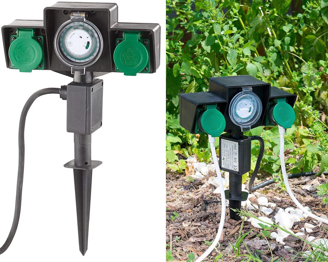 Royal Gardineer Gartensteckdosen: 2-fach-Garten-Steckdose mit Zeitschaltuhr, Spritzwasserschutz IP44 (Zeitschaltuhr doppelt aussen)