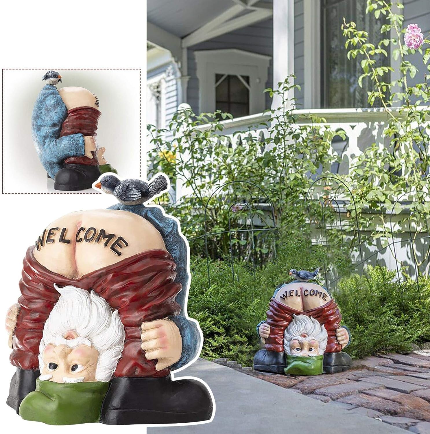 Garden Gnome Statue, Naughty Gnome Statue with Hips Cocked Showing Welcome, Funny Resin Gnome Figurine Outdoor Spring Decorations for Patio Yard Lawn Porch Crafts Ornaments (Multicolor, 181611 cm)