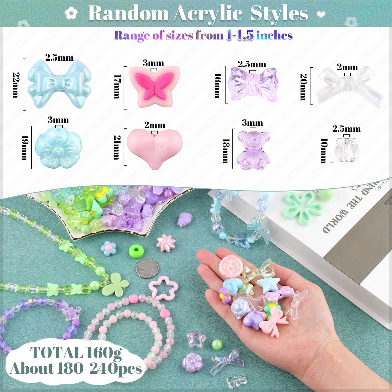 TINKRSTUFF Assorted 180-240PCS Acrylic Beads for Bracelet Making, Flower Bow Butterfly Candy GummyBear Aesthetic Bracelet Charms,Cute Beads for Jewelry Making DIY Necklace Keychain Phone Charm