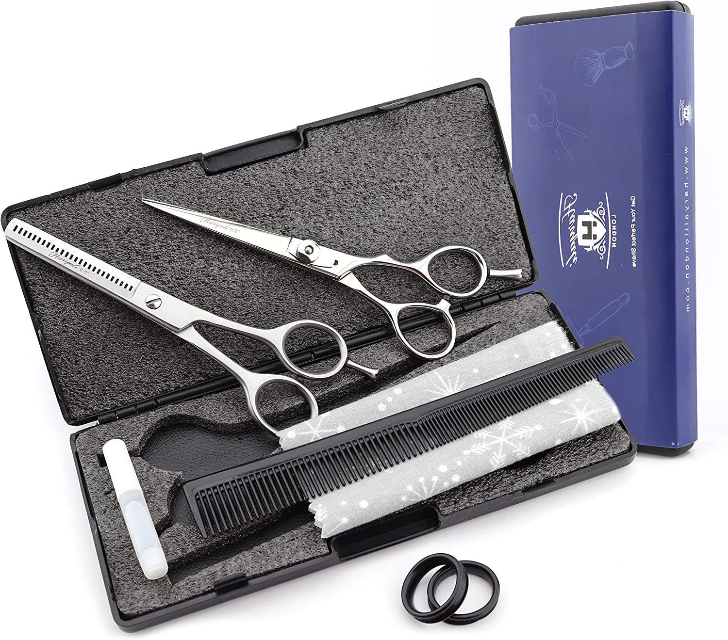 Haryali London 5.5 Inch Hairdressing Scissors Set, Stainless Steel Barber Scissors and Thinning Scissors, Complete Kit with Comb, Oil, Cloth and Black Case.