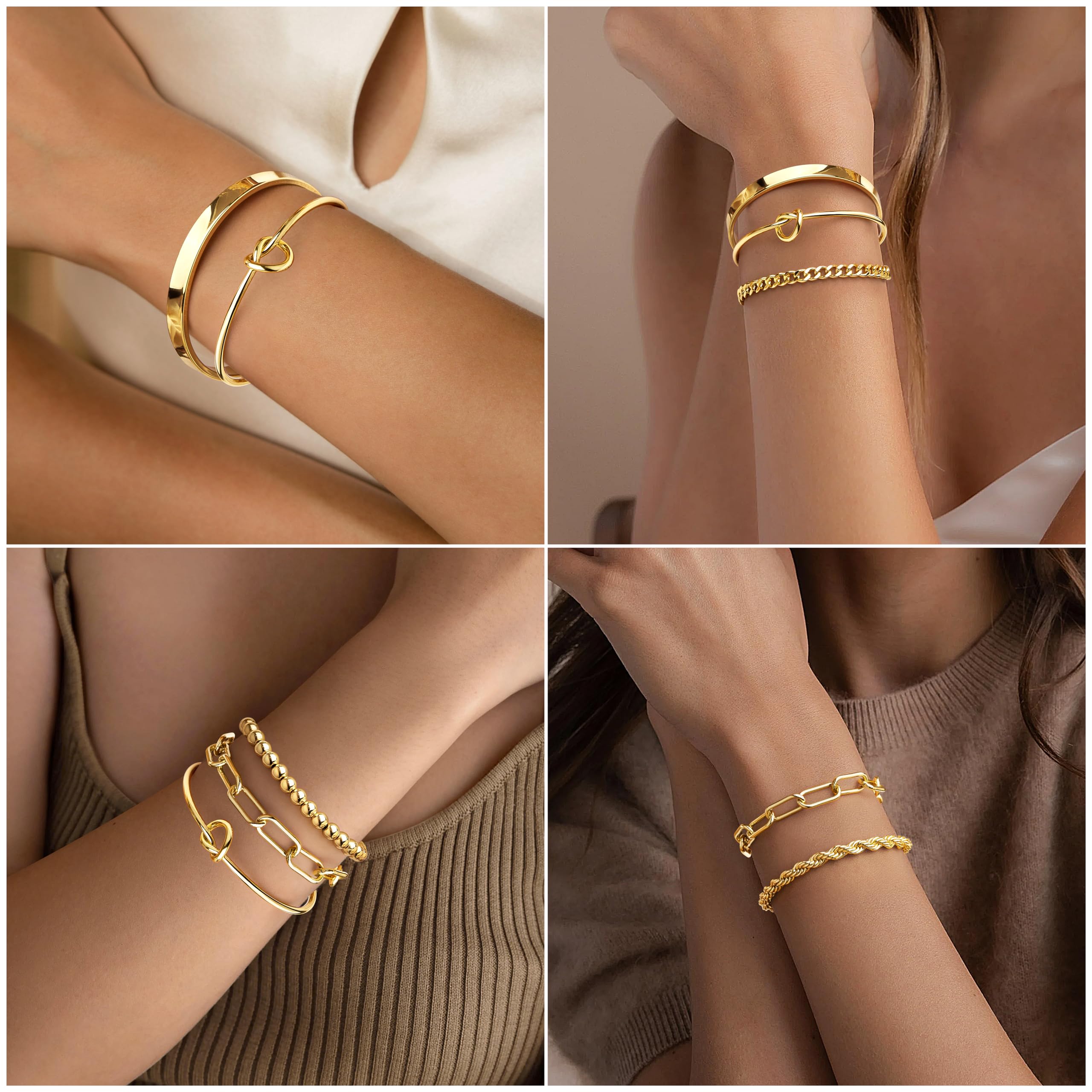 Gokeey Christmas Gold Bracelets for Women Non Tarnish, 14K Gold Plated Chunky Cuff Bracelet Stackable Gold Bangles Bracelet for Women Trendy Tie Knot Cuban Rope Paperclip Beaded Bracelet Stack Jewelry Stocking Stuffer Gifts Fashion Accessories