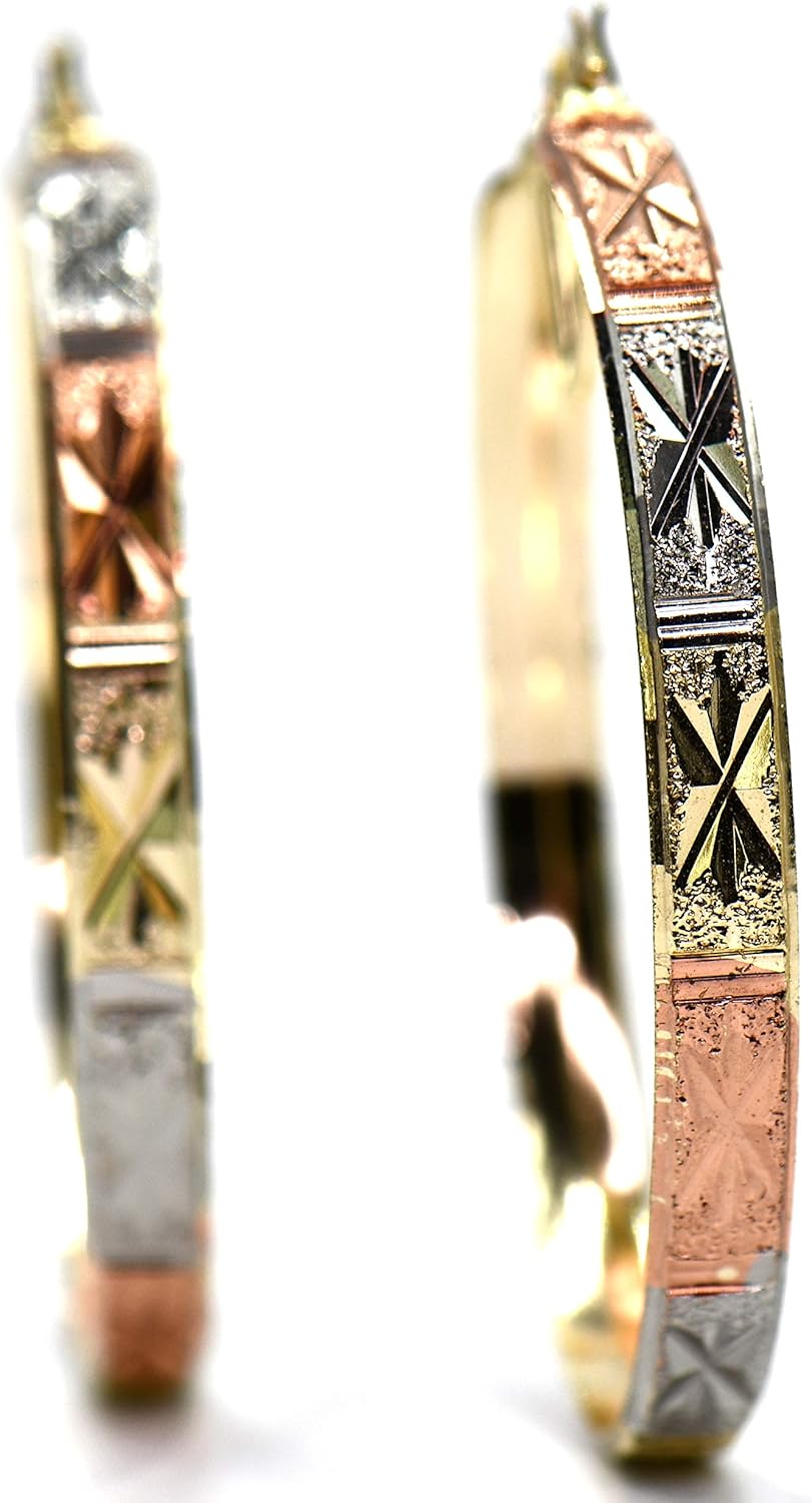 1.75" Inch Starburst Pattern Diamond Cut Brushed Satin Accented Tri-Tone Rose, Silver, Yellow Gold Filled Plated Base Hoop Earrings