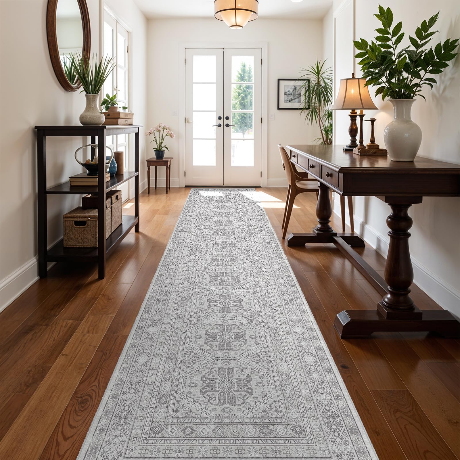 3x16 Runner Rug Kitchen Washable:Oriental Indoor Hallway Runners with Non Slip Backing Floor Mat for Entryway Door Low Pile Thin Carpet for Bedroom Bathroom Living Room Bedside (Grey, 3x16) Image