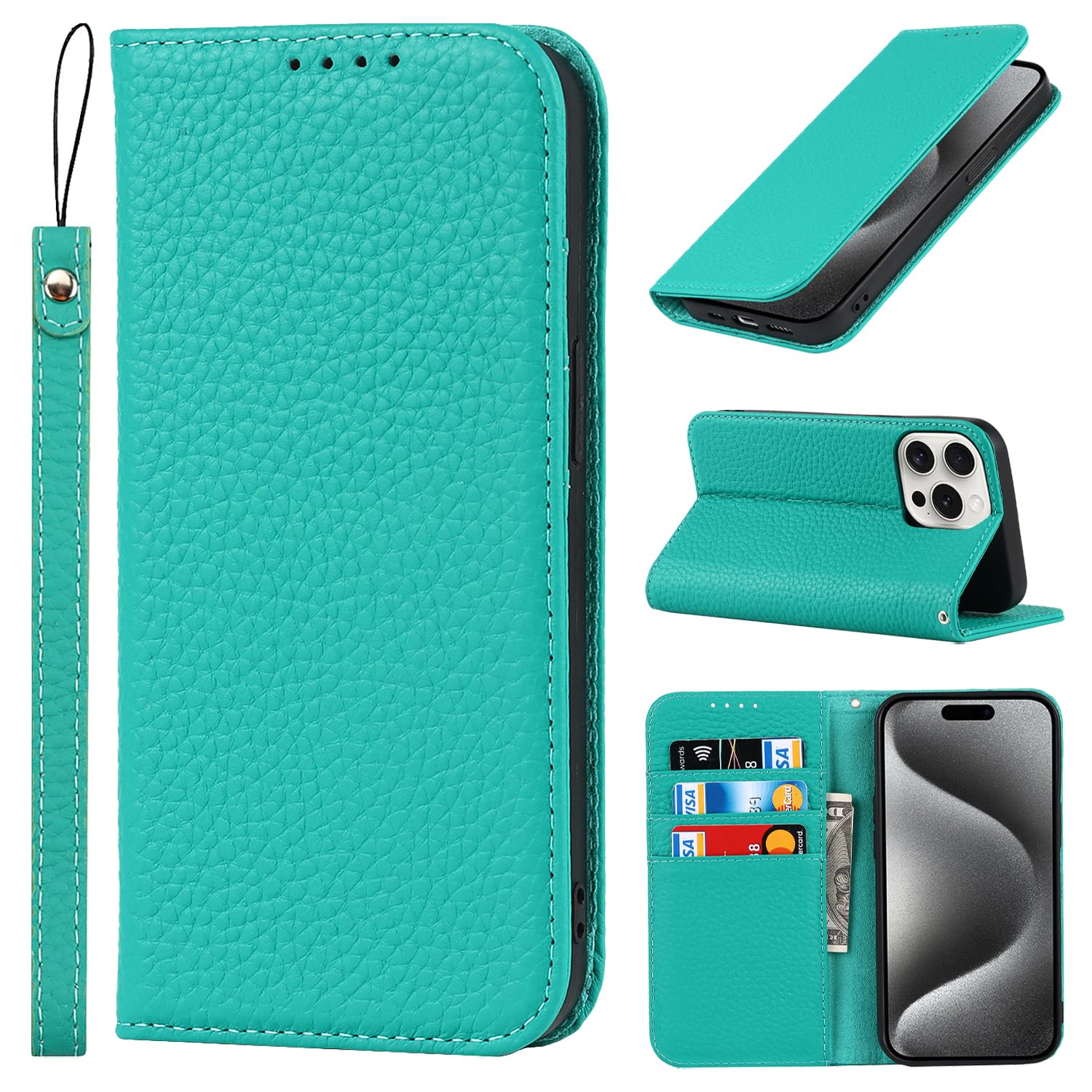 Cavor iPhone 15 Pro Max Case,Flip Genuine Leather Wallet Case,[4 Card Holders][Magnetic Closure][With Lanyard],Protective Phone Cover Case for iPhone 15 Pro Max - Sky Blue