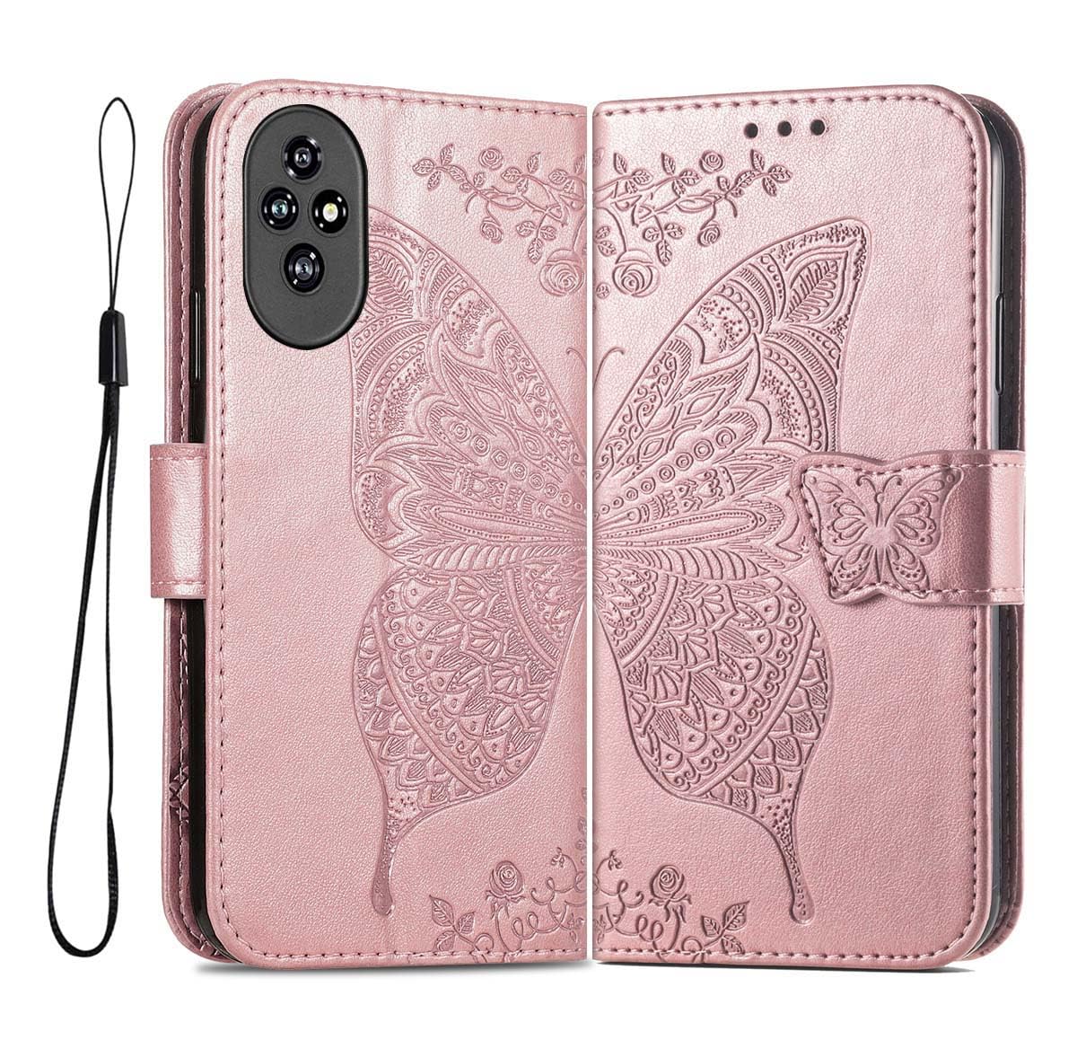 PEIYE Embossed PU Leather Cover Case for Honor 200 - Flip Book Design with Card Slots and Cash Compartment - Soft TPU Inner Lining and Stand Function - Magnetic Closure -RoseGold