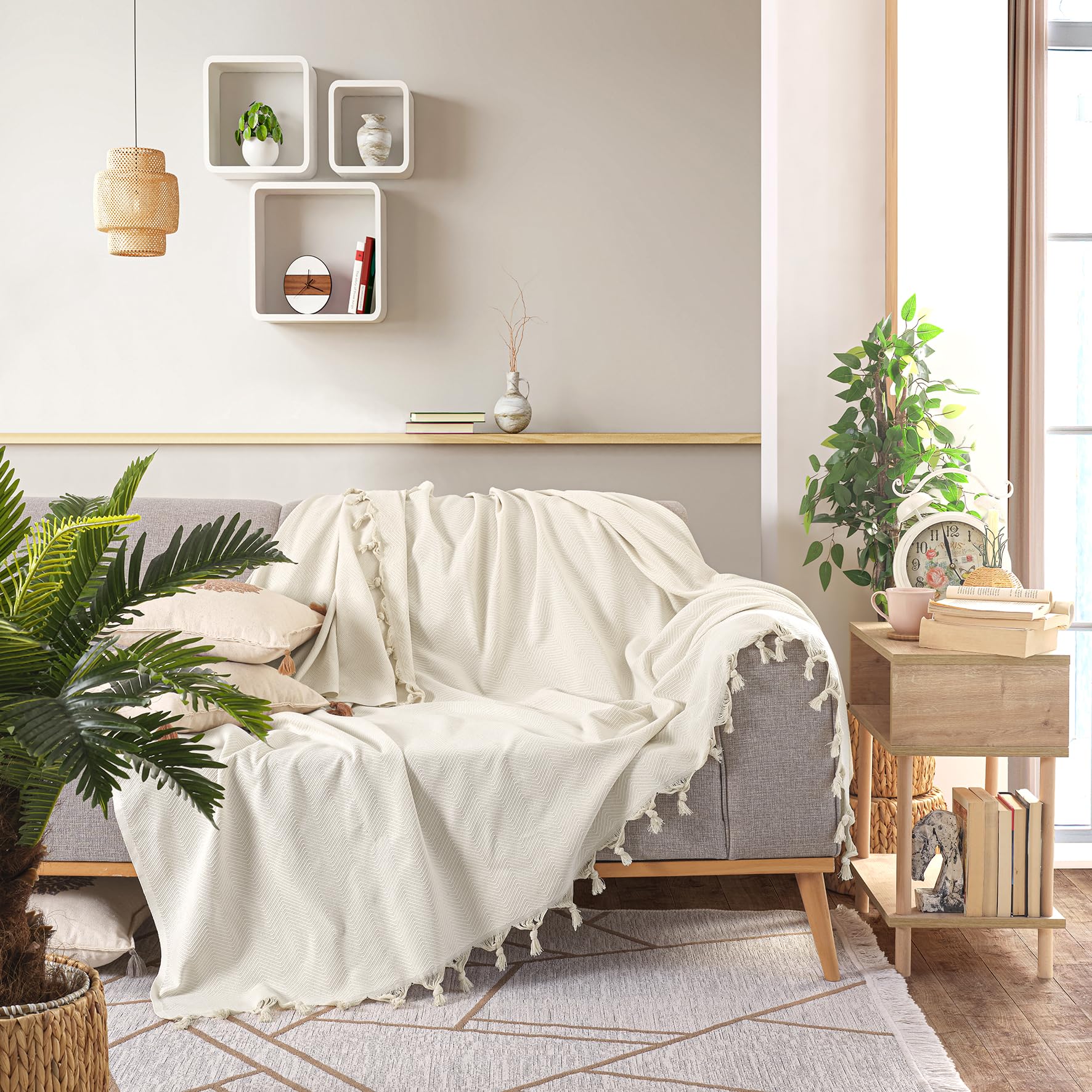 Milam London Cotton Throw For Sofas | Beds | Settees | Bed Throw Double Size | Sofa Throws Large 2 Seater | 200 x 230 cm Cream