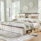 Farmhouse King Size Bed Frame with 2 Drawers &amp; 4 Bookcases On The Headboard | 54" Tall Headboard, Wood Platform Bed Frame with 2 Drawers &amp; 18" Tall Roman Column Decoration Footboard(Antique White)