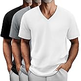 August Alley 3 Pack Men's Waffle T Shirts, V Neck Moisture Wicking Pullover Tee Shirts Short Sleeve Lightweight Knitted Tops