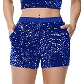 Anna-Kaci Women's Sparkly Sequin Shorts Elastic Waist Glitter Straight Leg Party Shorts with Pockets