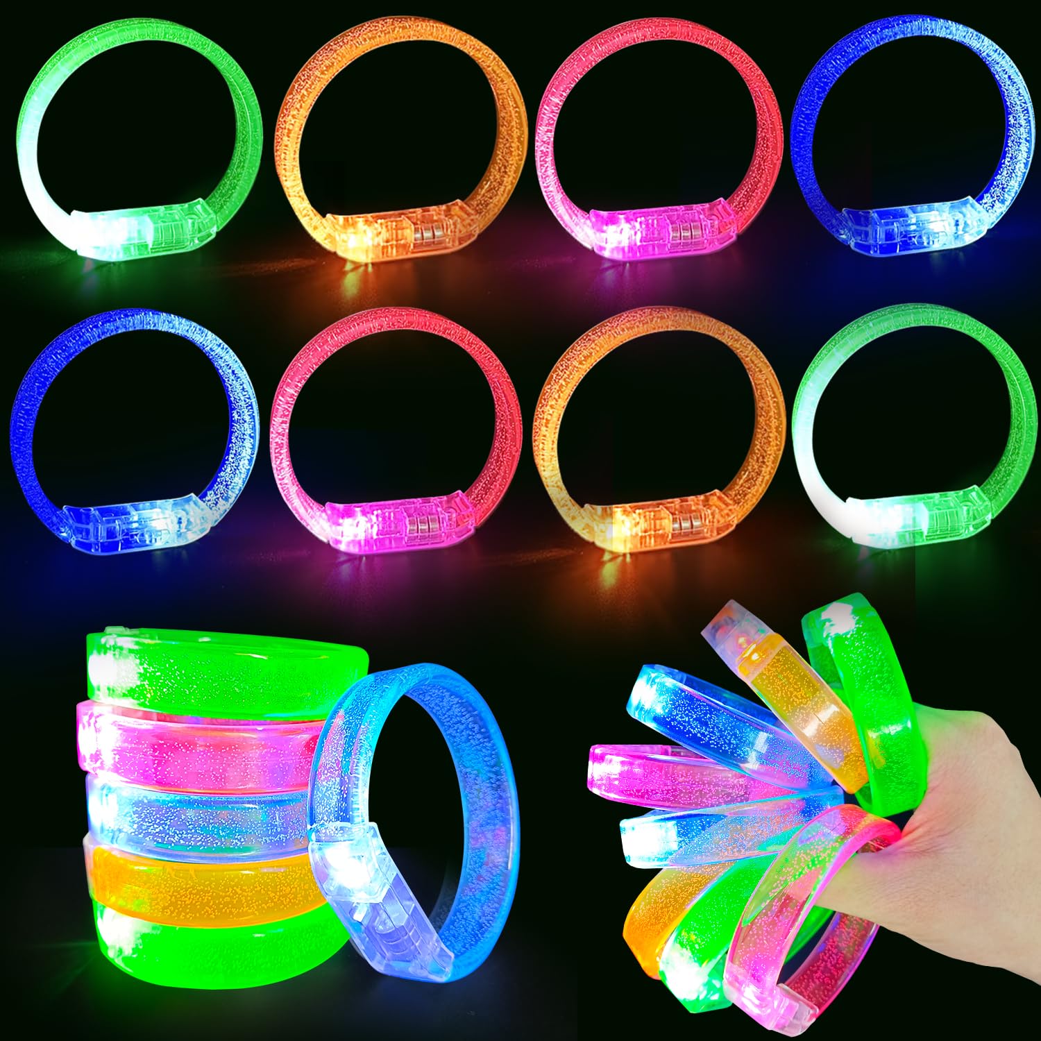 Cuackamily 8PCS LED Bracelets Set Light Up Festival Accessories Flashing Toy Wristbands Glow In The Dark LED Bracelets Party supplies for Christmas Musical Carnival Festival Birthday Kids and Adults
