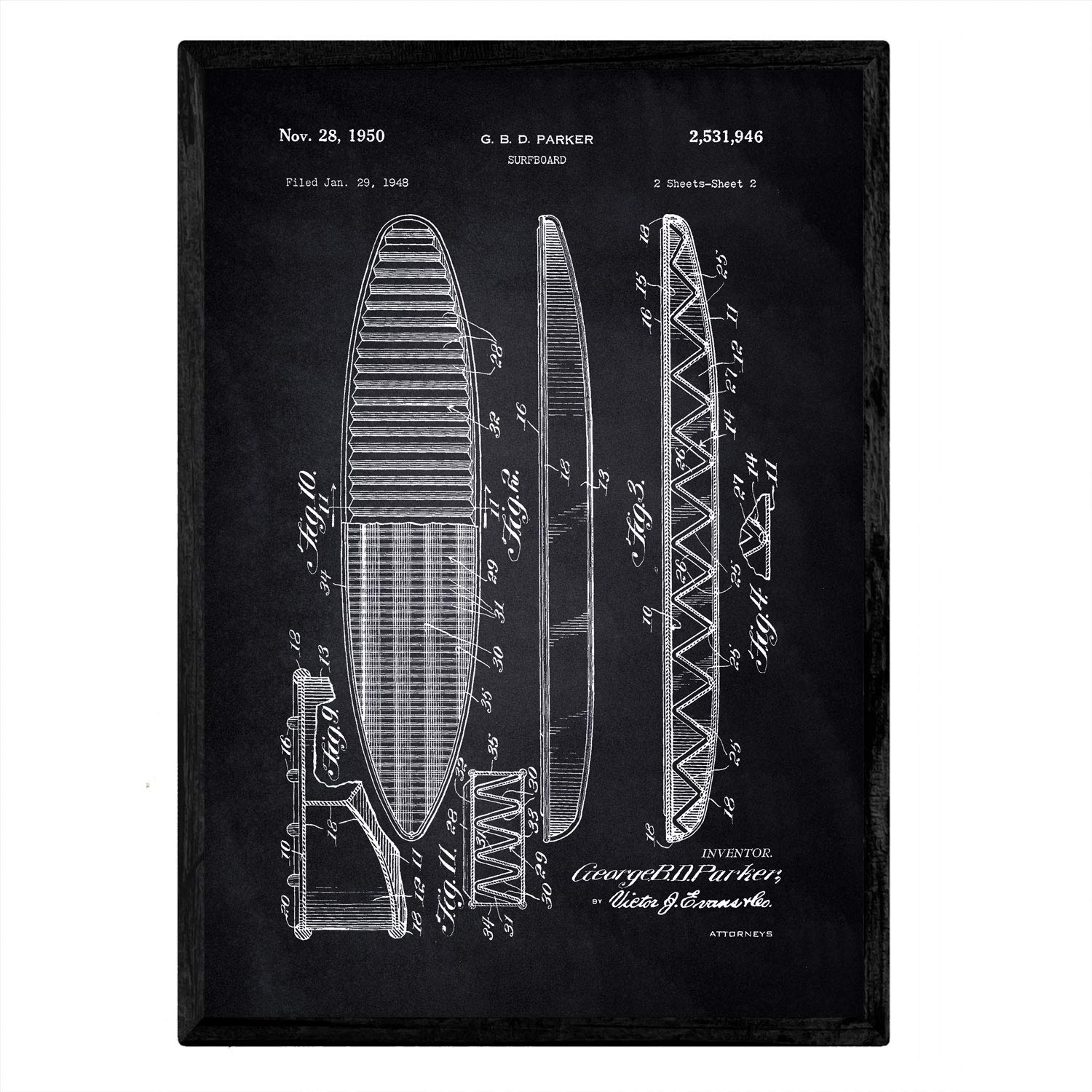 Nacnic Poster patent surfboard. Sheet with old design patent A3 size with black background