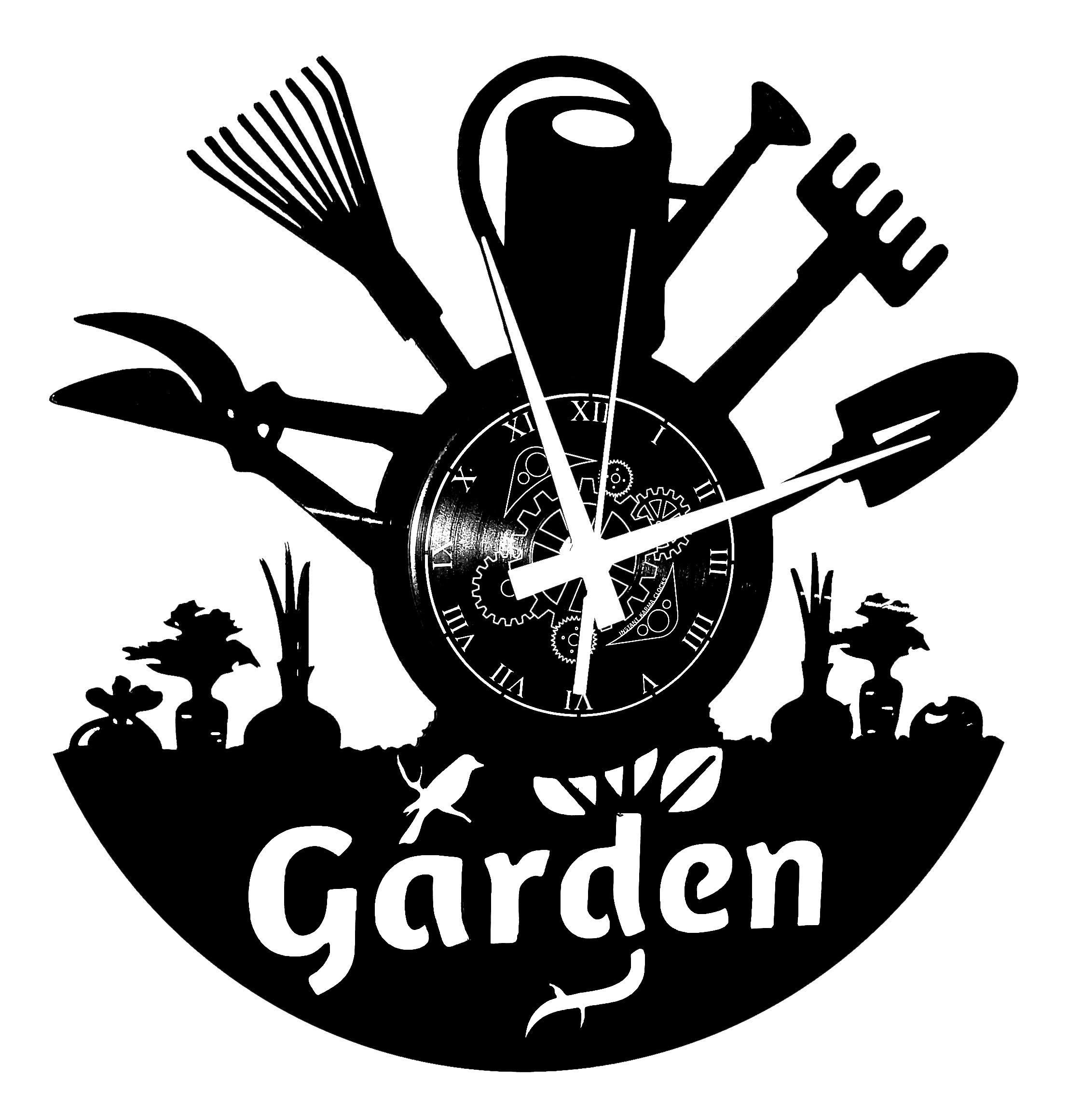 Instant Karma Clocks | Garden Wall Clock with Tools and Vegetables Silhouette – Silent No-Ticking – Perfect for Bedroom, Office, Studio, Kitchen, Living Room – Modern Design Unique Decoration