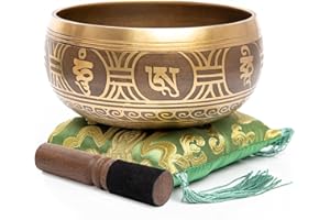 Tibetan Singing Bowl Set - Easy To Play Authentic Handcrafted For Meditation Sound Bowl Chakra Yoga Healing 4 Inches By Himalayan Bazaar (Gold & Green)