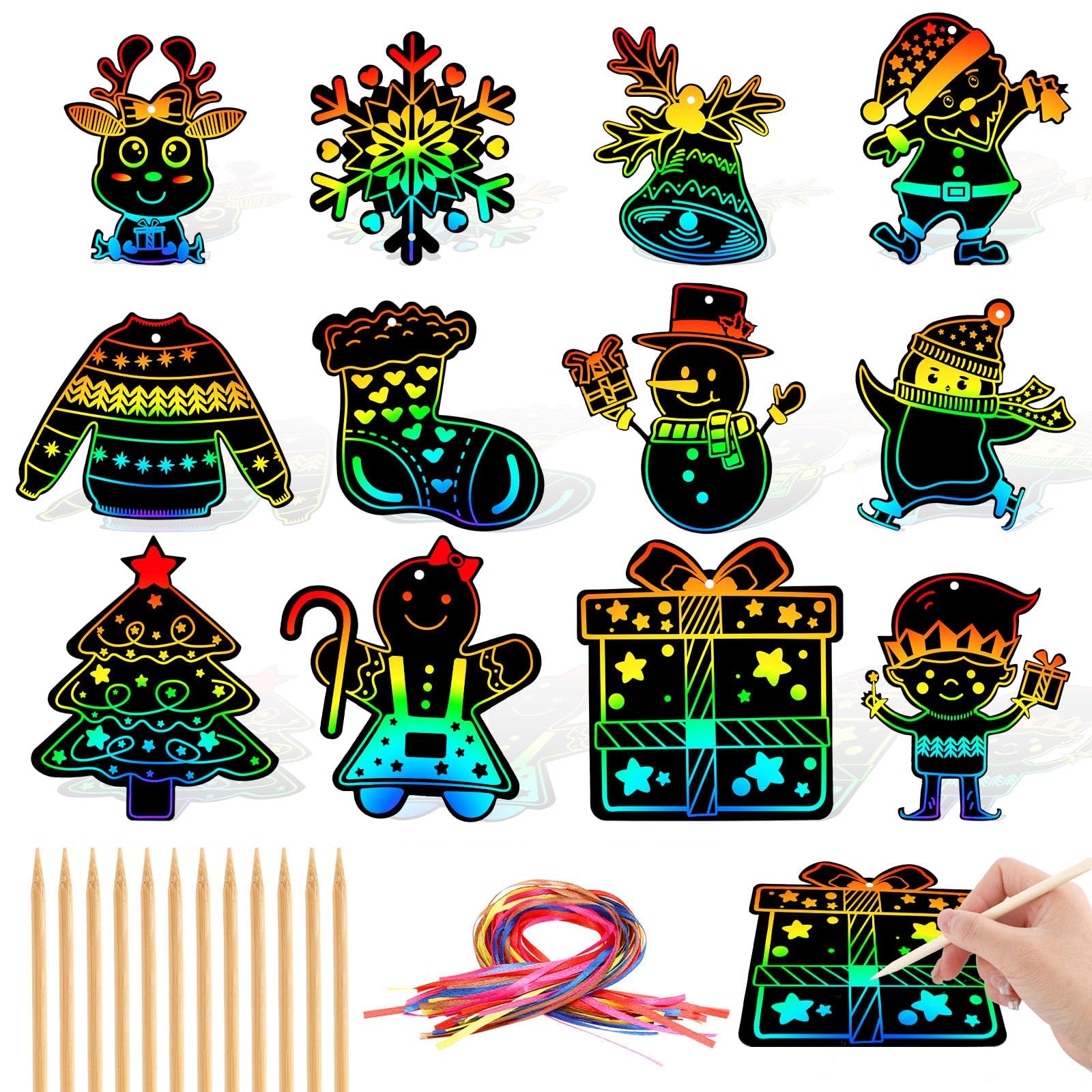 JULMELON Christmas Scratch Art, 36 PCS Christmas Crafts Kits Rainbow Magic Scratch Paper Cards Xmas Hanging Ornaments Decorations DIY Winter Holiday Party Favors