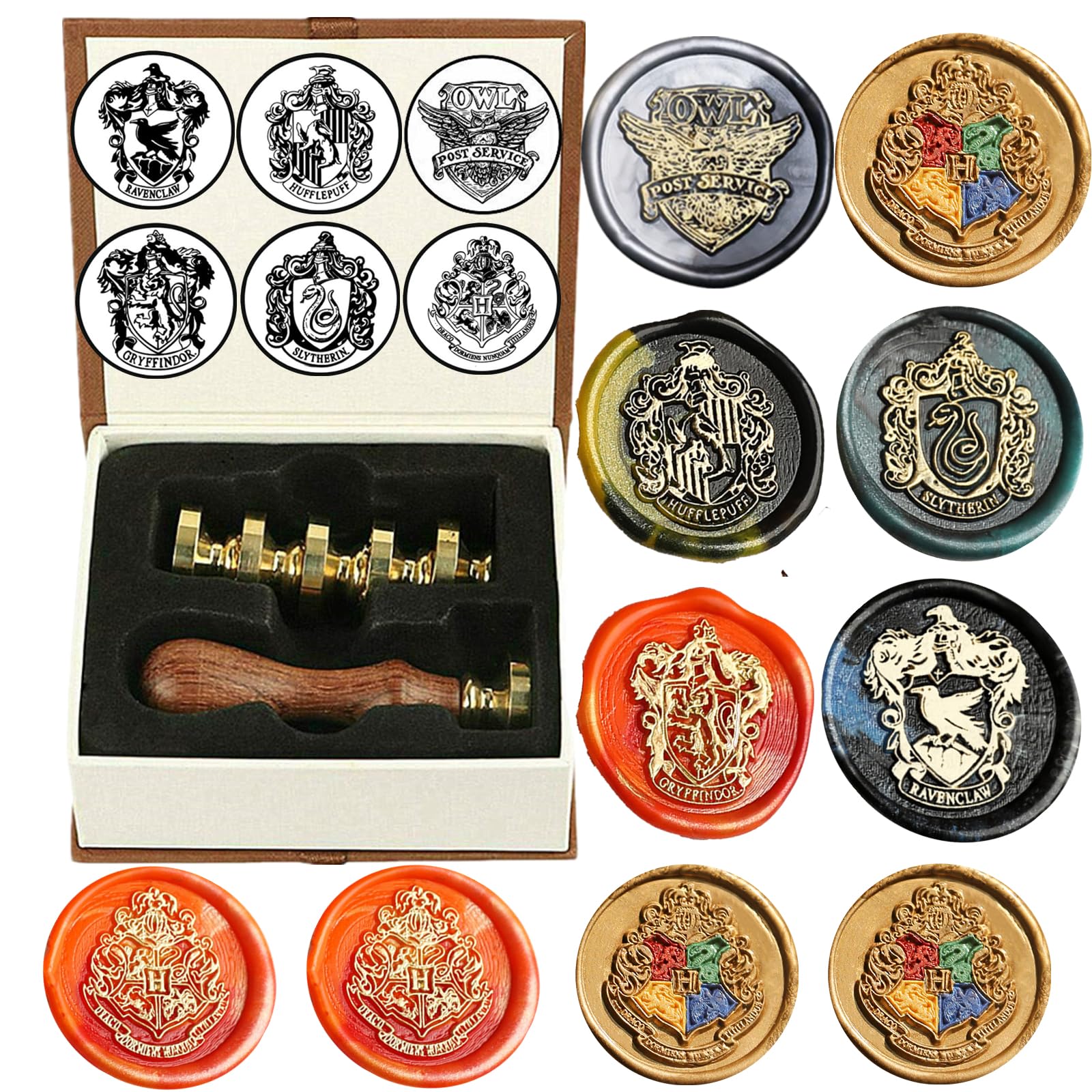 Owl Wax Seal Stamp Set, Atopbb 6 Pcs Hogwarts Sealing Waxs Stamps Copper Seals + 1 Pcs Wooden Handle, Retro Hogwarts Wax Seal Stamp Kit Gift Box for Christmas and Hog Themed Party (2#2)