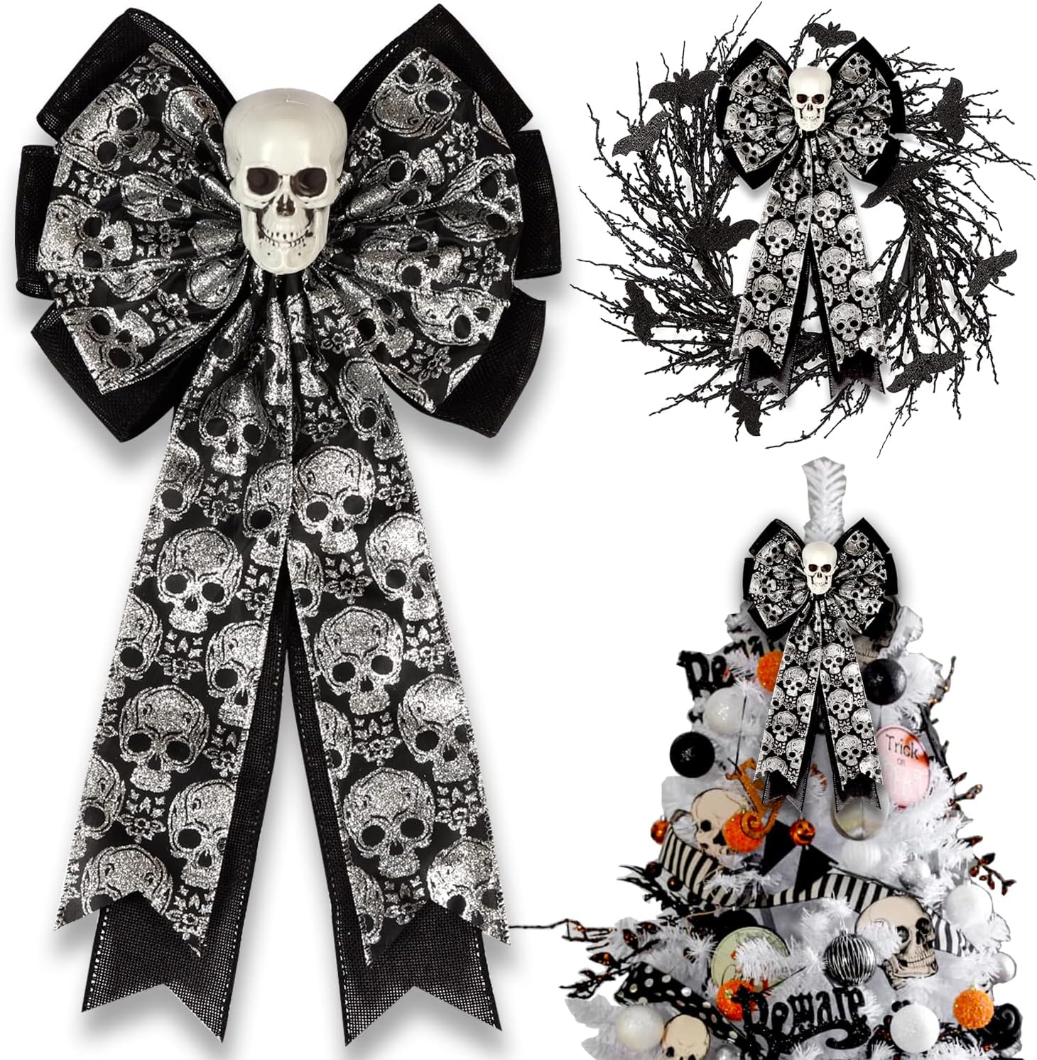 Bows & Ribbons - Skull Gothic Decor,Halloween Bows for Wreaths Decorations, Halloween Tree Topper Bow, Decorative Bow with Skull Glitter Silver Black Burlap for Fall Home Front Door Outdoor