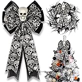 Skull Gothic Decor,Halloween Bows for Wreaths Decorations, Halloween Tree Topper Bow, Decorative Bow with Skull Glitter Silver Black Burlap for Fall Home Front Door Outdoor